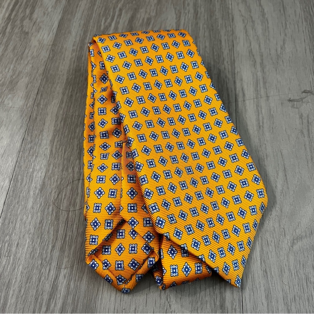 Kiton Orange Silk Tie with Blue and White Floral Motif